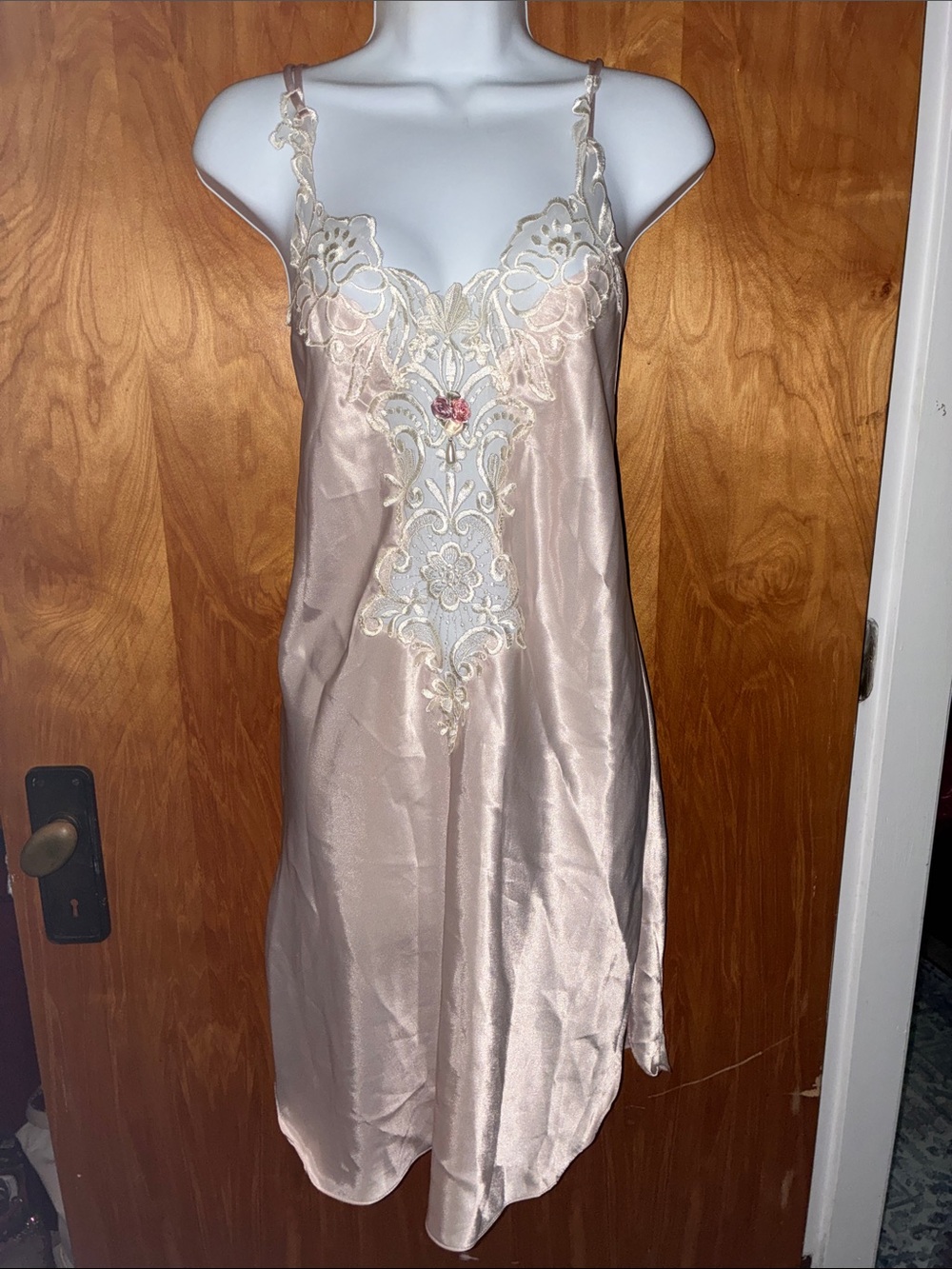 California Dynasty Light Pink & Cream Lace & Floral Lingerie Nighty Slip Size M